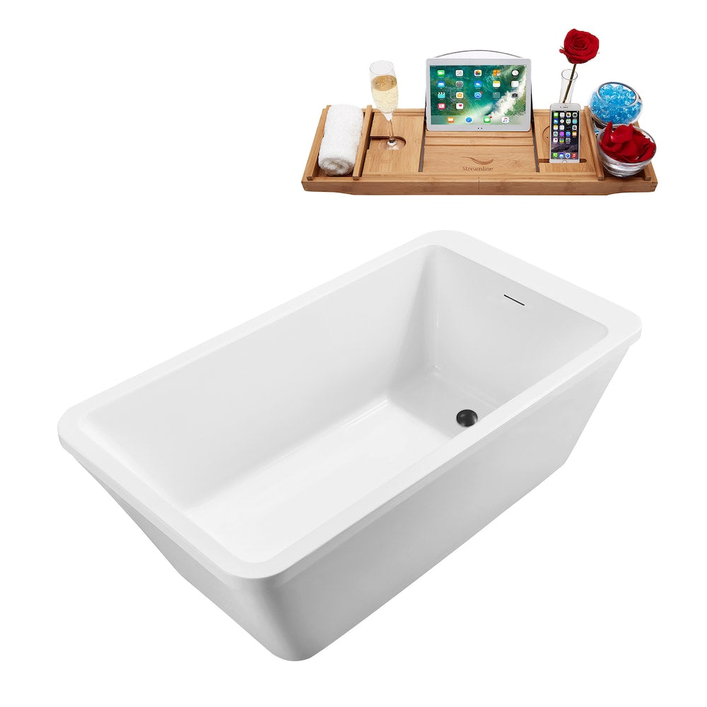 N250BGM 60 in. Freestanding Rectangular Acrylic Bathtub, Tray in Glossy White with Reversible Drain
