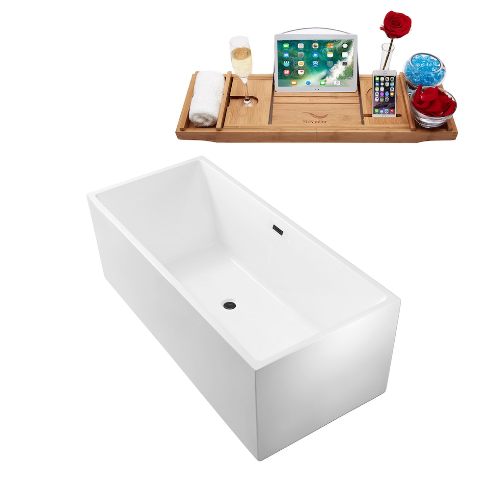Baignoire rectangulaire autoportante en acrylique de 66 po N260BGM avec plateau et drain central en blanc brillant