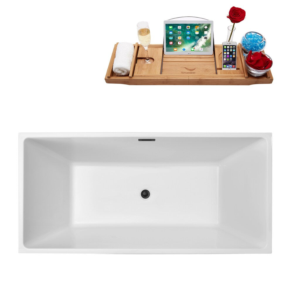 Baignoire rectangulaire autoportante en acrylique de 66 po N260BGM avec plateau et drain central en blanc brillant