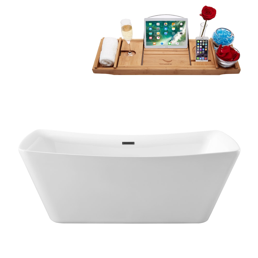 N542BGM 70 in. Freestanding Rectangular Acrylic Bathtub and Tray in Glossy White with Centre Drain