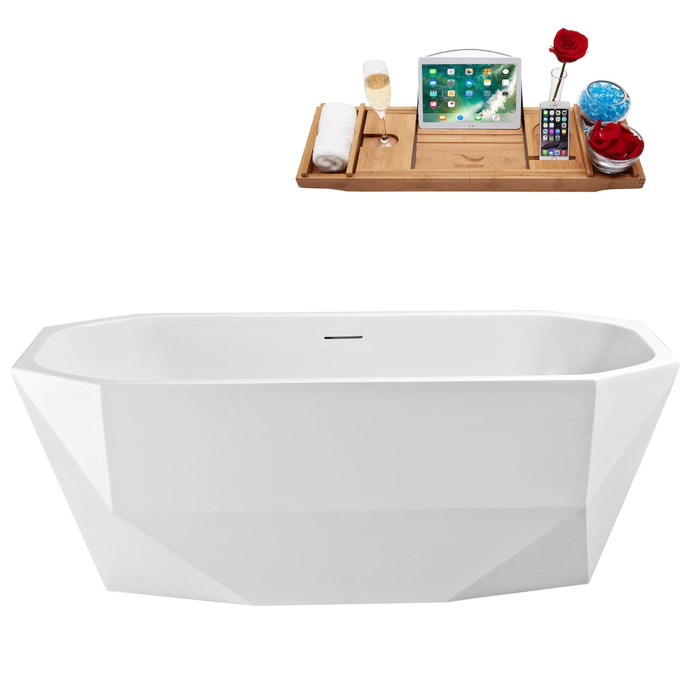 N630BGL 63 inch Freestanding Oval Acrylic Bathtub and Tray in Glossy White with Centre Drain