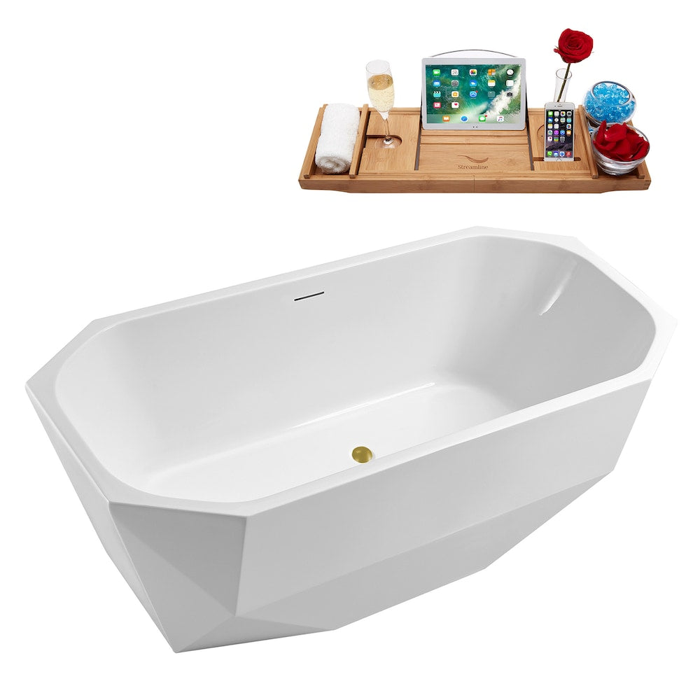 N630BGL 63 inch Freestanding Oval Acrylic Bathtub and Tray in Glossy White with Centre Drain
