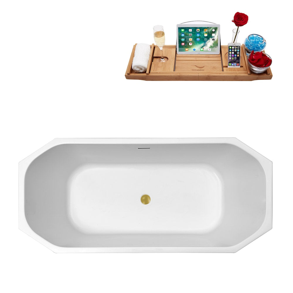 N630BGL 63 inch Freestanding Oval Acrylic Bathtub and Tray in Glossy White with Centre Drain