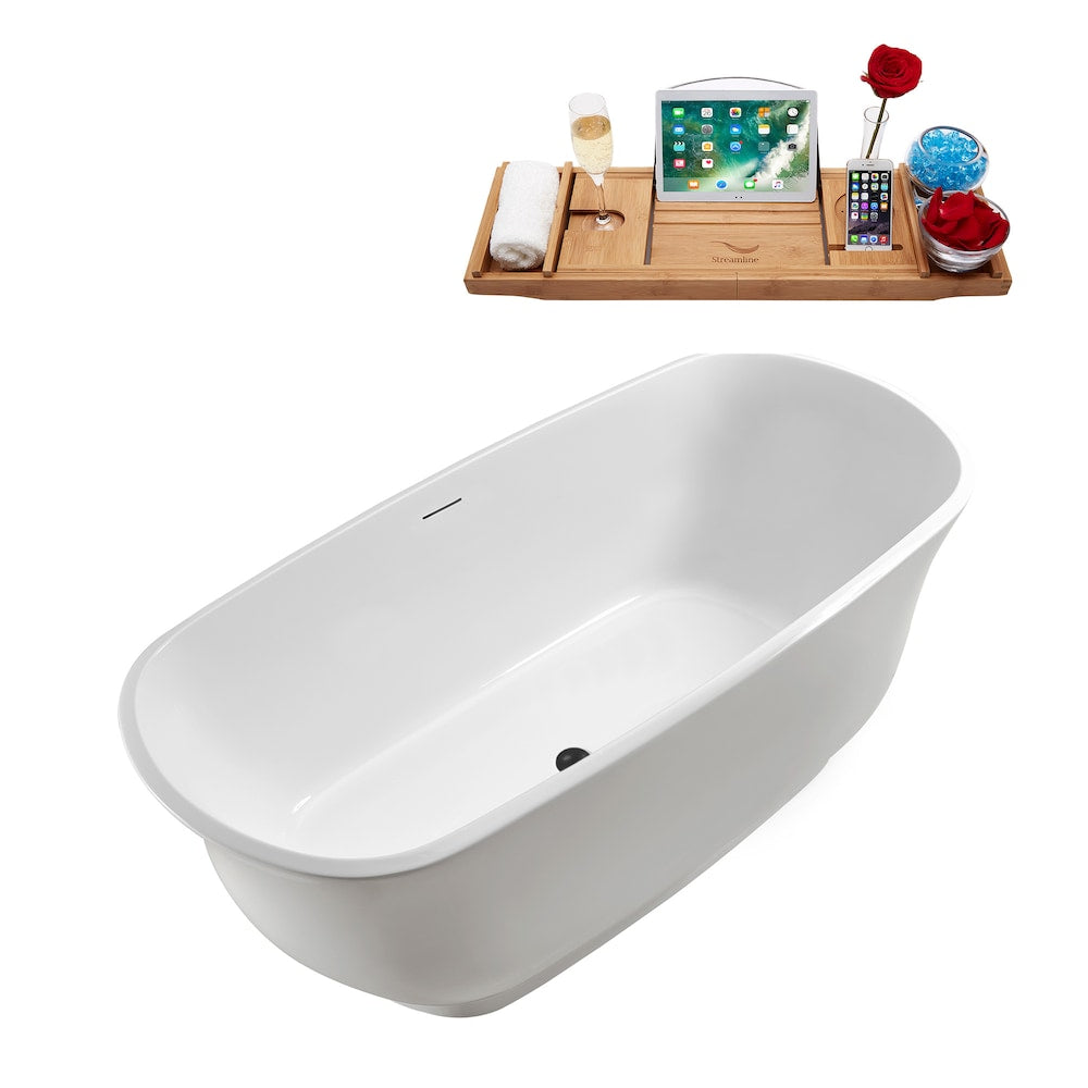 N670BGM 59 inch Freestanding Oval Acrylic Bathtub and Tray in Glossy White with Centre Drain