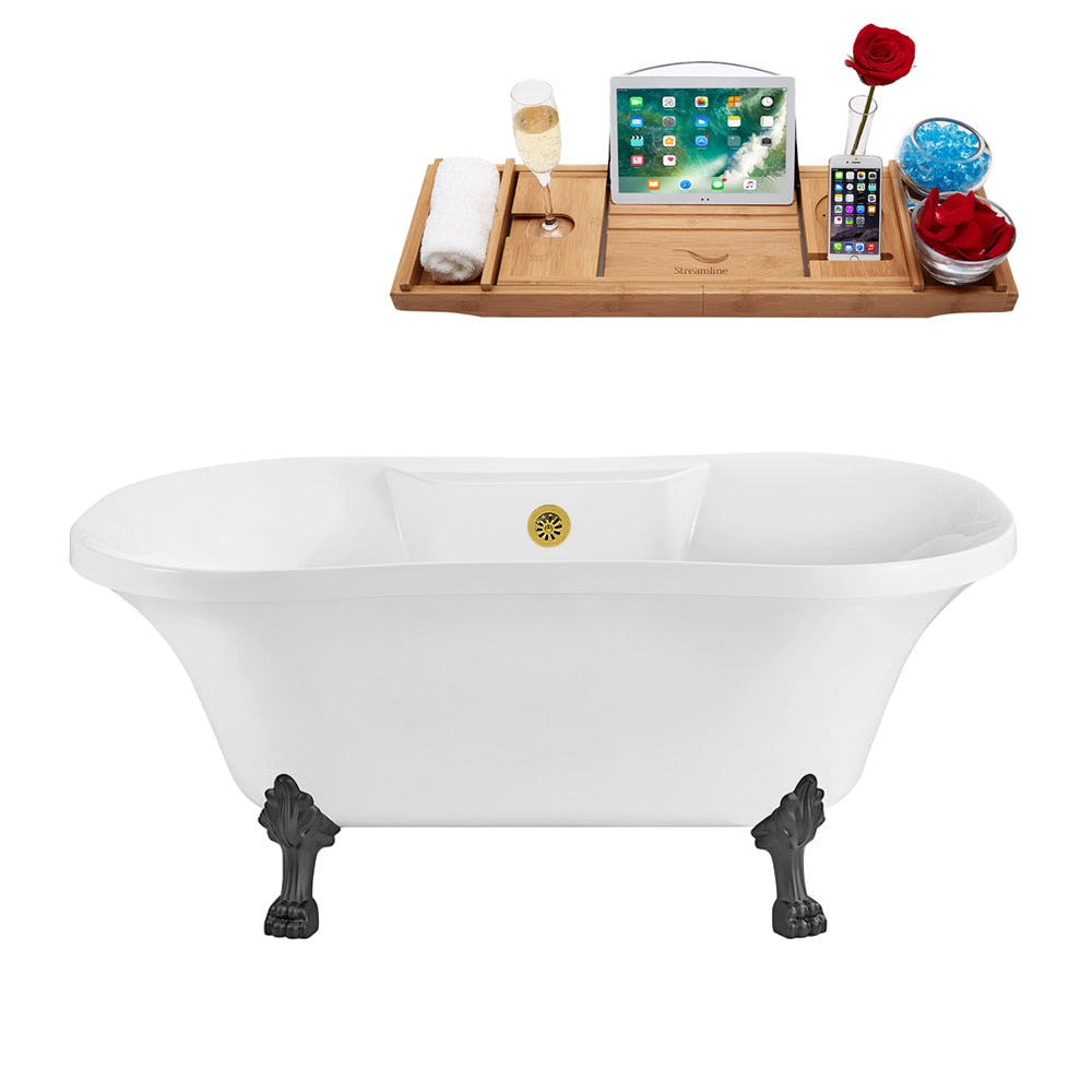 N100BGM-GLD 60 inch Clawfoot Oval Acrylic Bathtub and Tray in Glossy White with Centre Drain