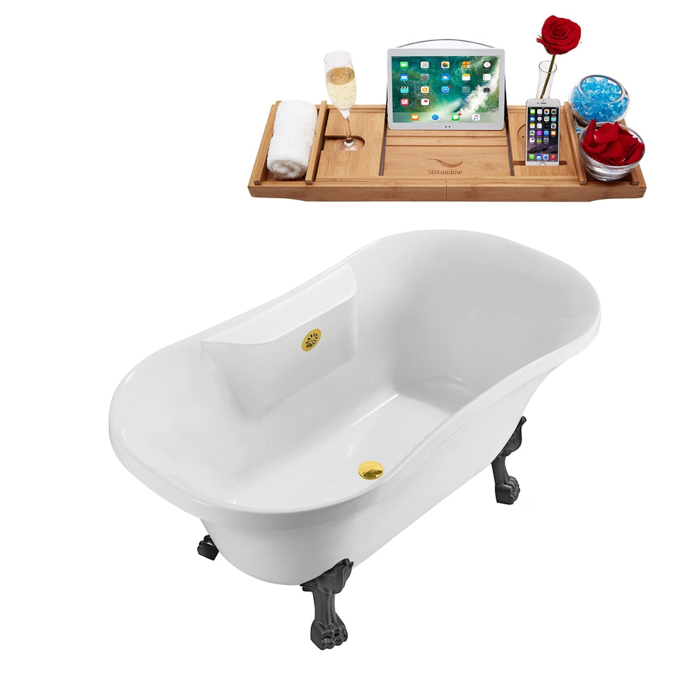 N100BGM-GLD 60 inch Clawfoot Oval Acrylic Bathtub and Tray in Glossy White with Centre Drain