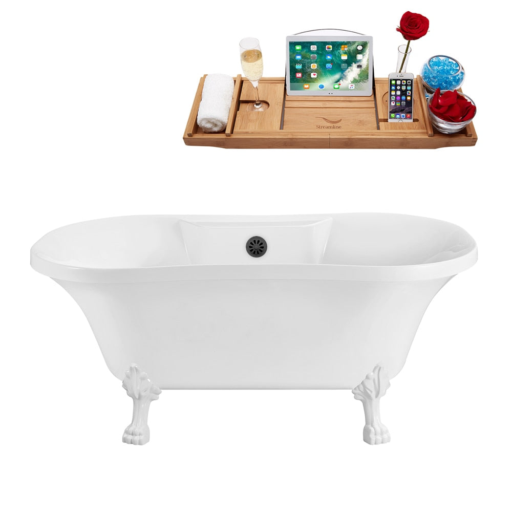 N100WH-BGM 60 inch Clawfoot Oval Acrylic Bathtub and Tray in Glossy White with Centre Drain