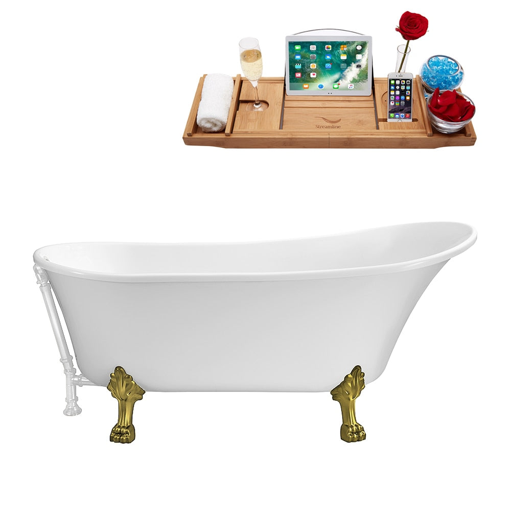N340BGL-WH 67 inch Clawfoot Oval Acrylic Bathtub and Tray in Glossy White with Reversible Drain
