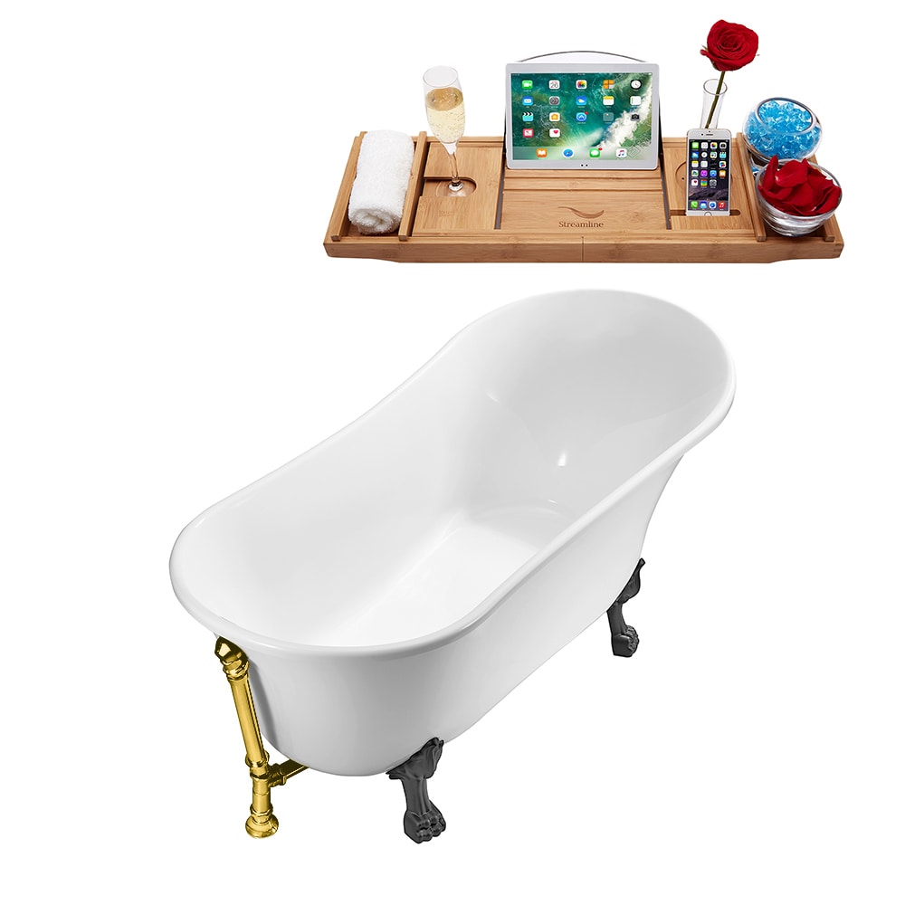 N340BGM-GLD 67 inch Clawfoot Oval Acrylic Bathtub and Tray in Glossy White with Reversible Drain