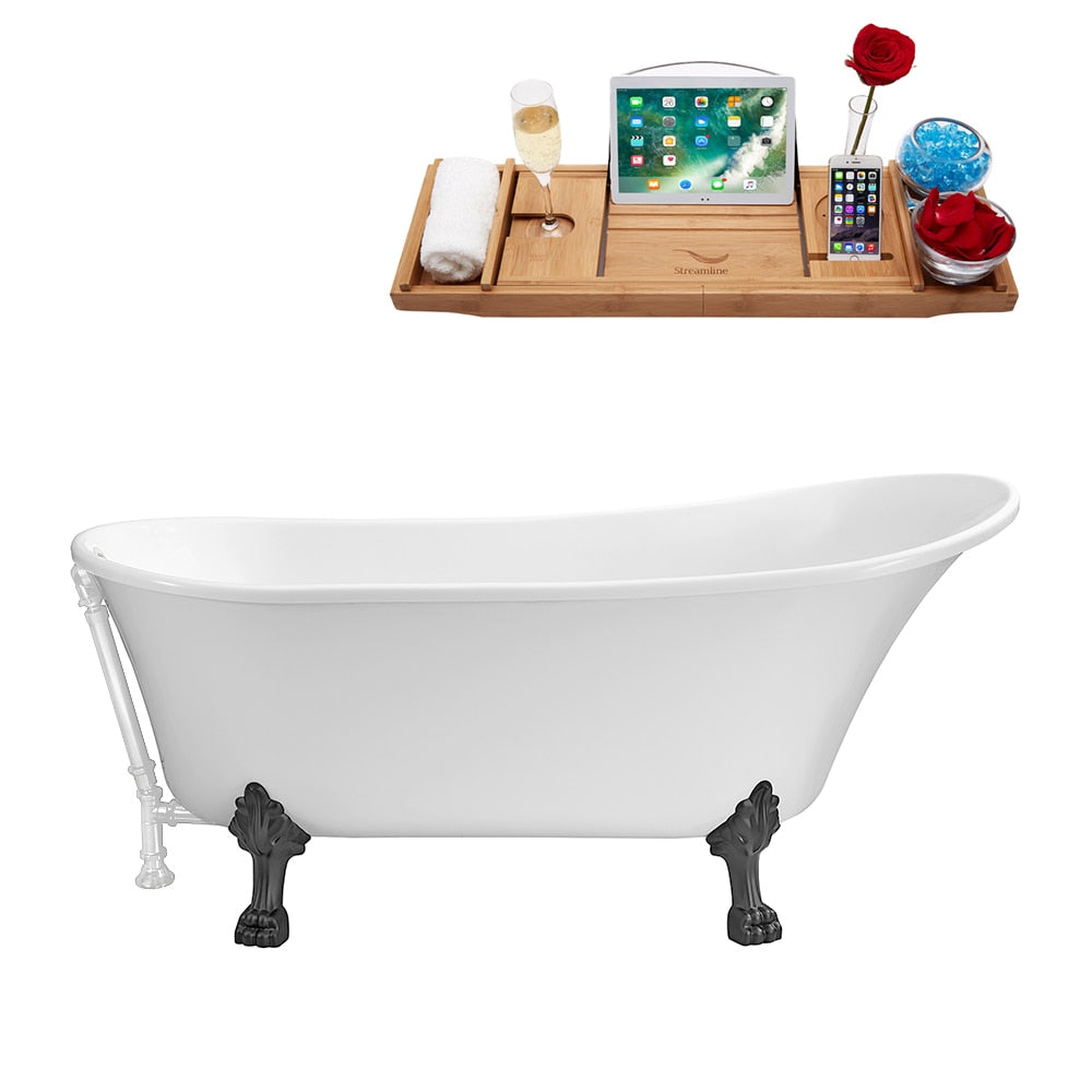 N340BGM-WH 67 inch Clawfoot Oval Acrylic Bathtub and Tray in Glossy White with Reversible Drain