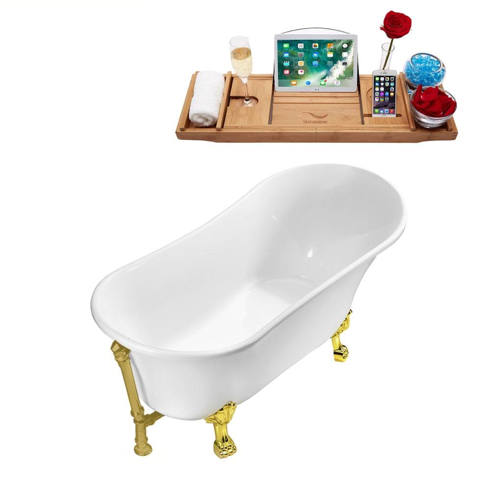 N340GLD-BGL 67 inch Clawfoot Oval Acrylic Bathtub and Tray in Glossy White with Reversible Drain