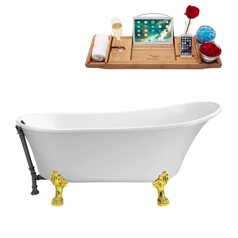 N340GLD-BGM 67 inch Clawfoot Oval Acrylic Bathtub and Tray in Glossy White with Reversible Drain