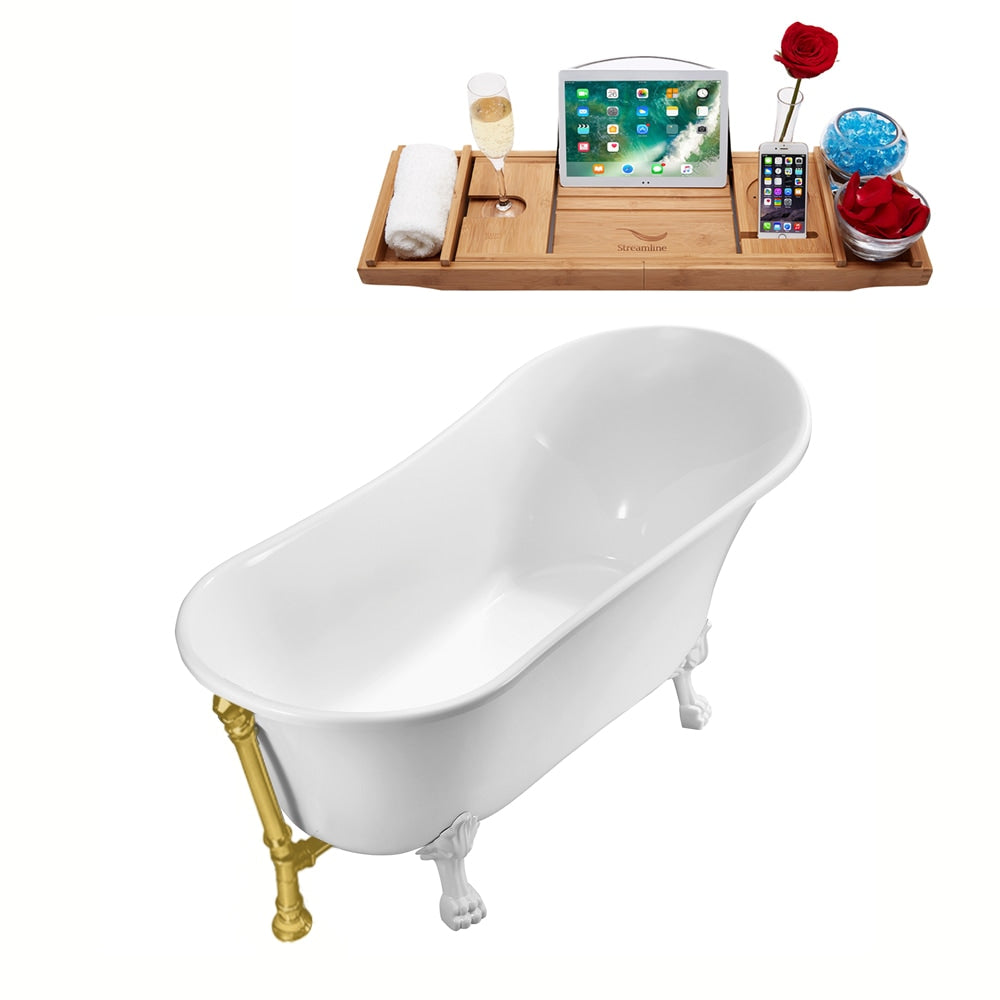 N340WH-BGL 67 inch Clawfoot Oval Acrylic Bathtub and Tray in Glossy White with Reversible Drain