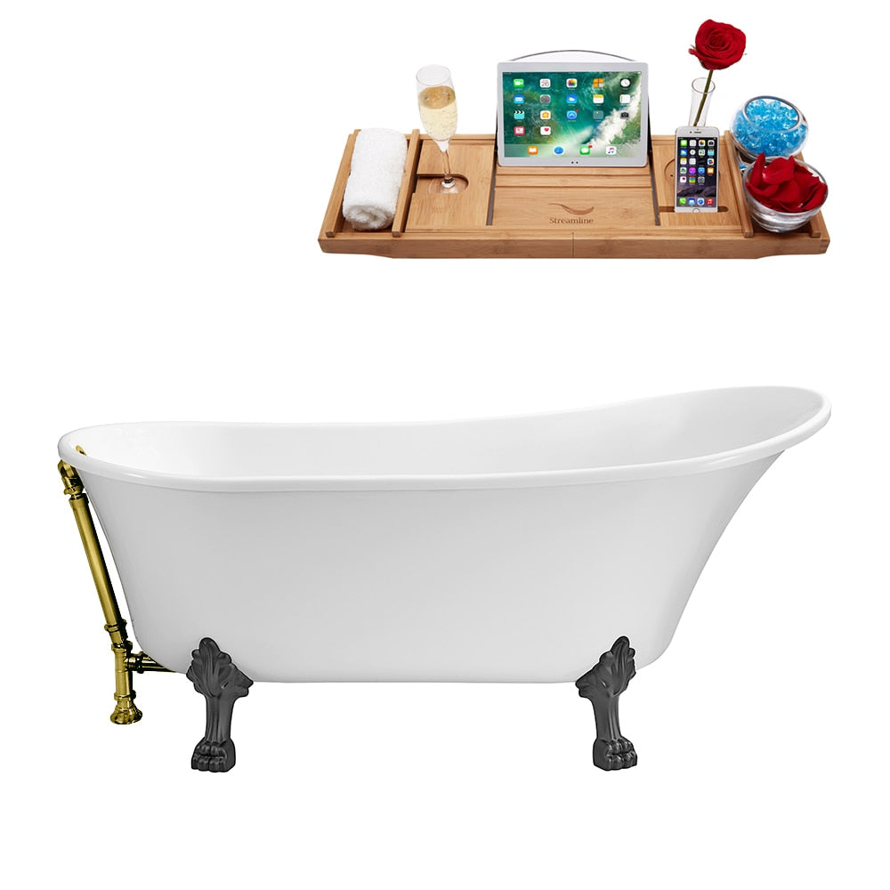 N341BGM-BGL 59 inch Clawfoot Oval Acrylic Bathtub and Tray in Glossy White with Reversible Drain