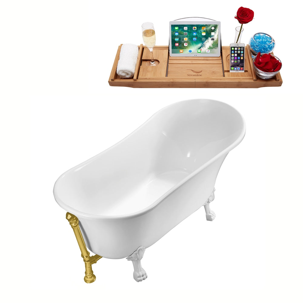 N341WH-BGL 59 inch Clawfoot Oval Acrylic Bathtub and Tray in Glossy White with Reversible Drain