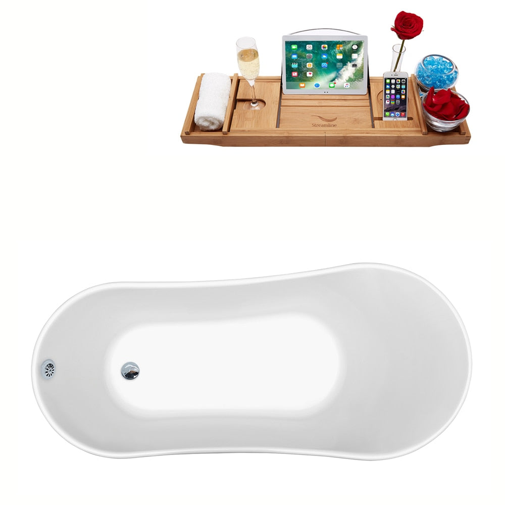 Baignoire ovale en acrylique sur pattes de 63 pouces N342BGL-CH et plateau en blanc brillant avec drain réversible