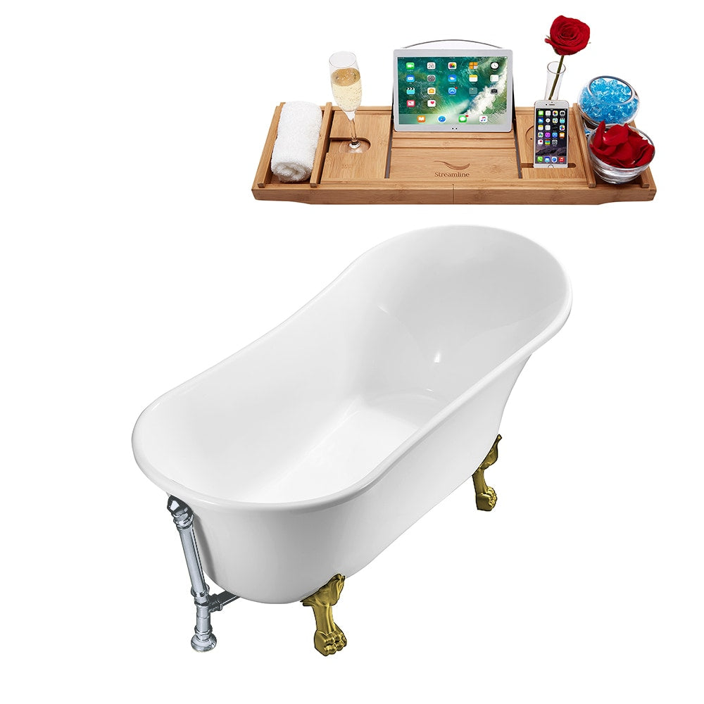 Baignoire ovale en acrylique sur pattes de 63 pouces N342BGL-CH et plateau en blanc brillant avec drain réversible