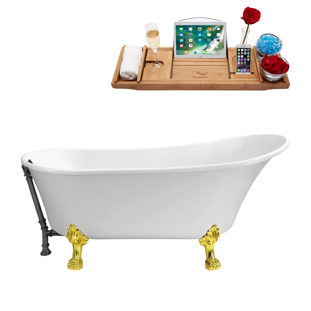 N342GLD-BGM 63 inch Clawfoot Oval Acrylic Bathtub and Tray in Glossy White with Reversible Drain