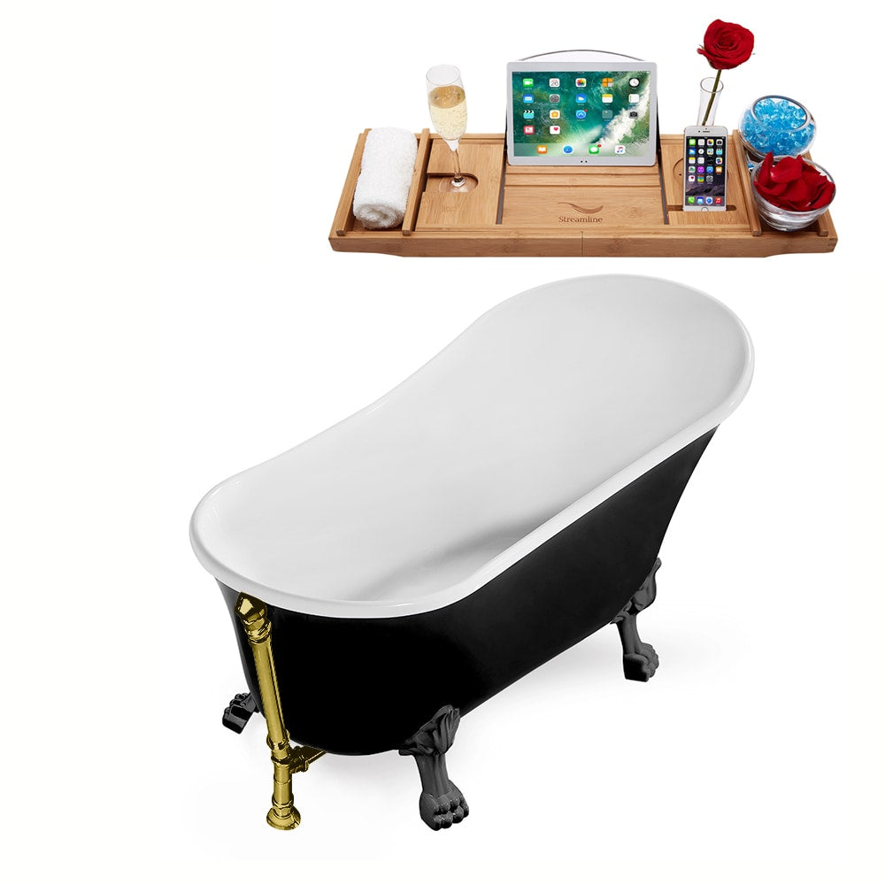 N344BGM-BGL 59 inch Clawfoot Oval Acrylic Bathtub and Tray in Glossy Black with Reversible Drain