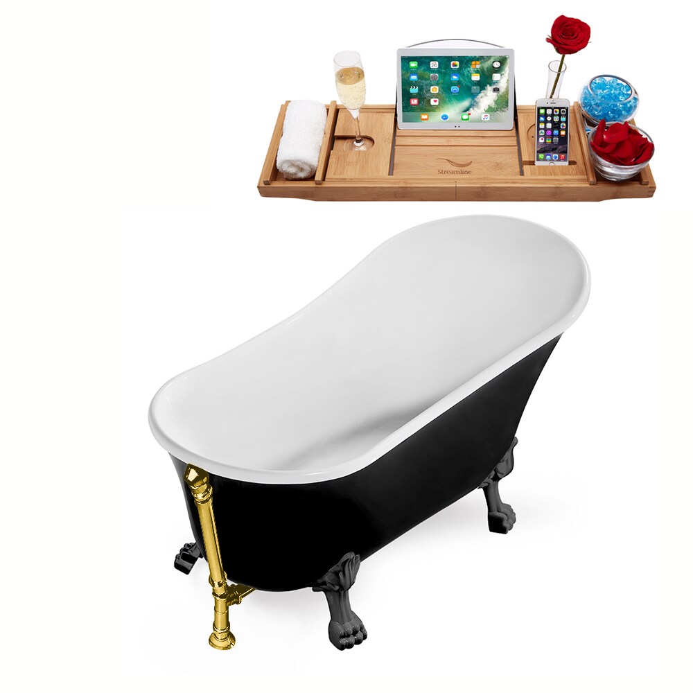 N344BGM-GLD 59 inch Clawfoot Oval Acrylic Bathtub and Tray in Glossy Black with Reversible Drain
