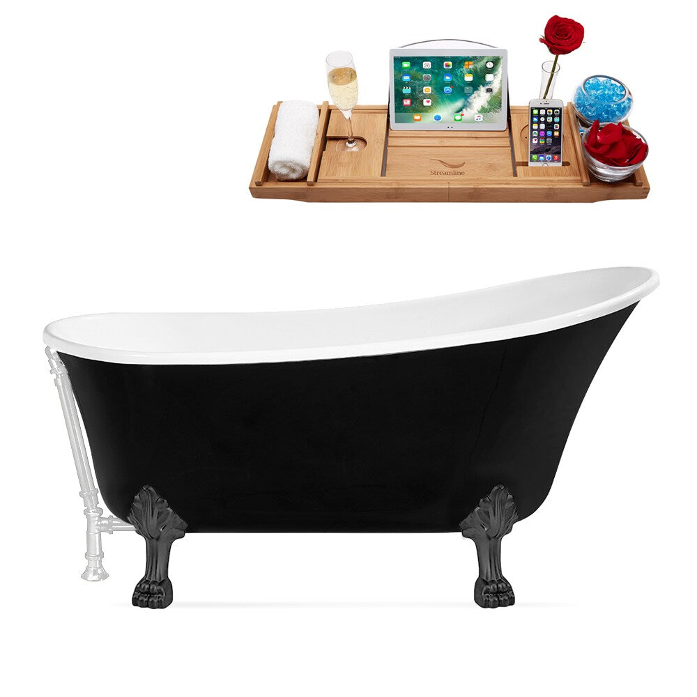 N344BGM-WH 59 inch Clawfoot Oval Acrylic Bathtub and Tray in Glossy Black with Reversible Drain