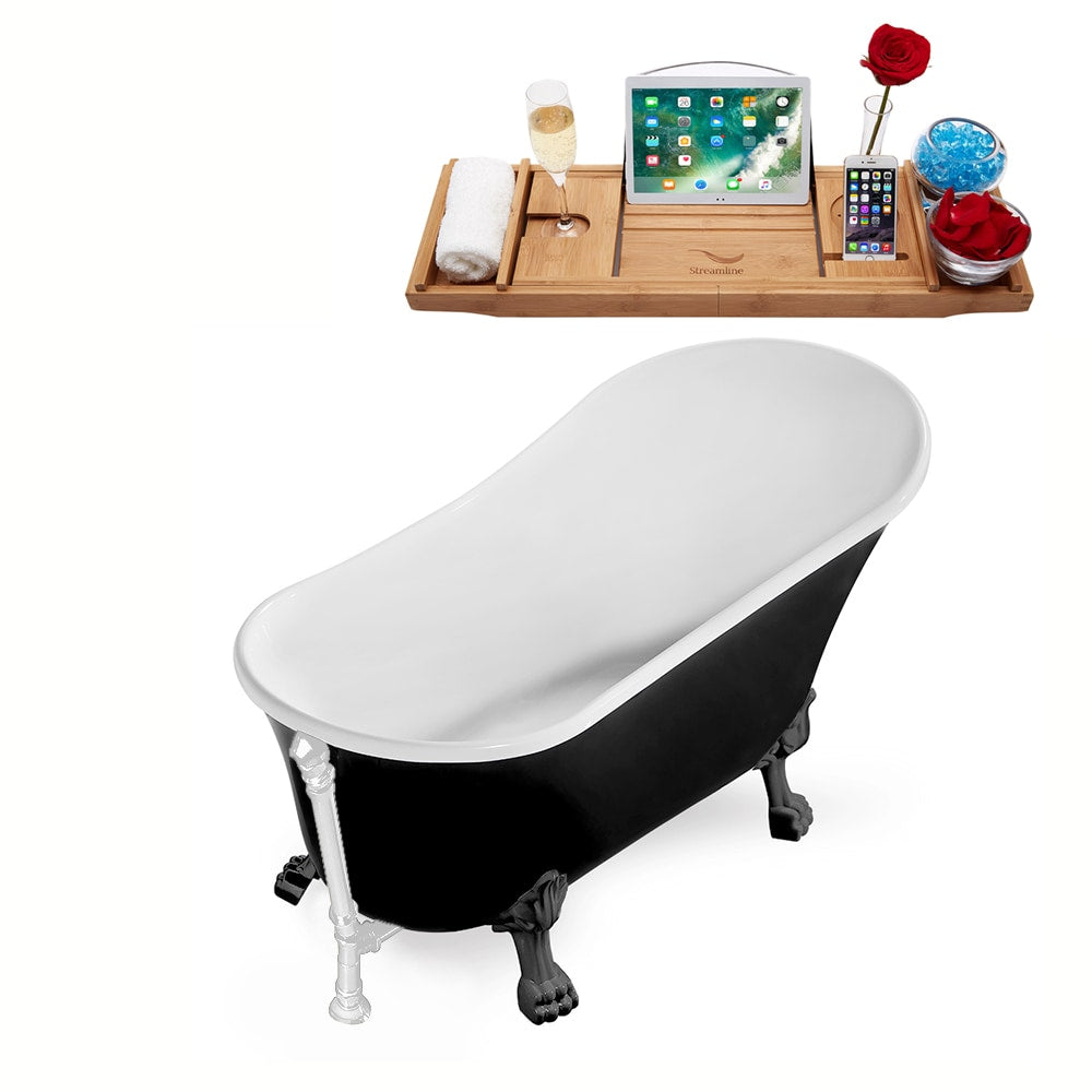 N344BGM-WH 59 inch Clawfoot Oval Acrylic Bathtub and Tray in Glossy Black with Reversible Drain