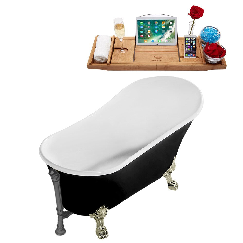 N344BNK-BGM 59 inch Clawfoot Oval Acrylic Bathtub and Tray in Glossy Black with Reversible Drain