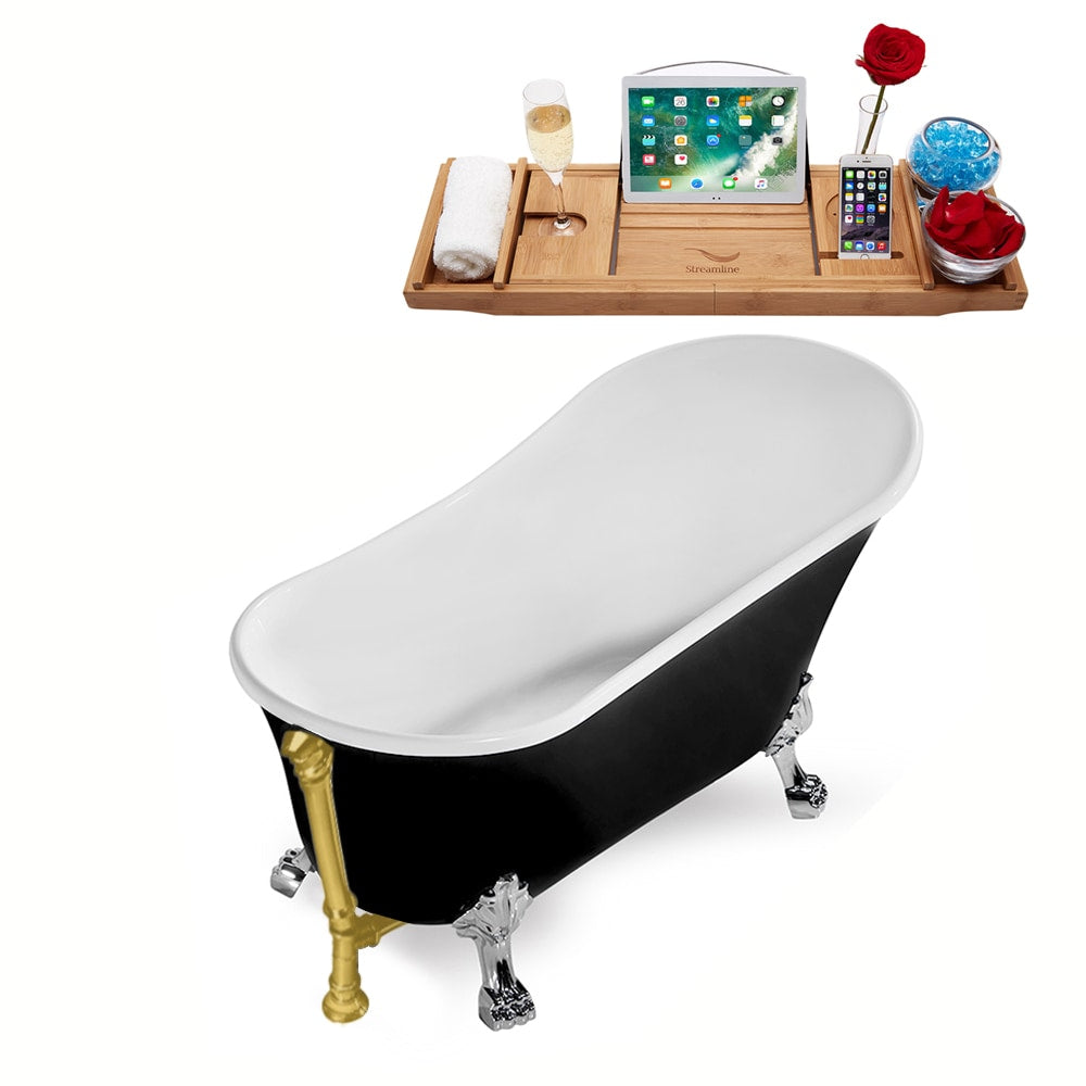 N344CH-BGL 59 inch Clawfoot Oval Acrylic Bathtub and Tray in Glossy Black with Reversible Drain