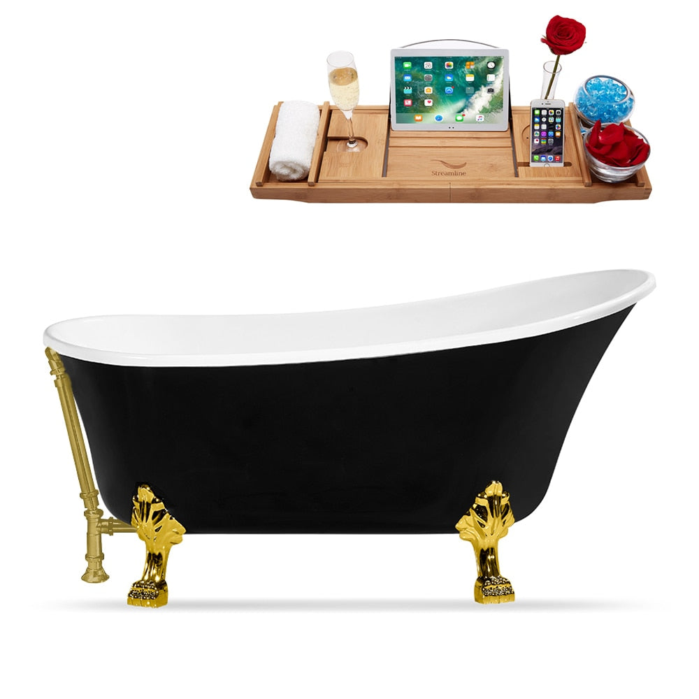 N344GLD-BGL 59 inch Clawfoot Oval Acrylic Bathtub and Tray in Glossy Black with Reversible Drain