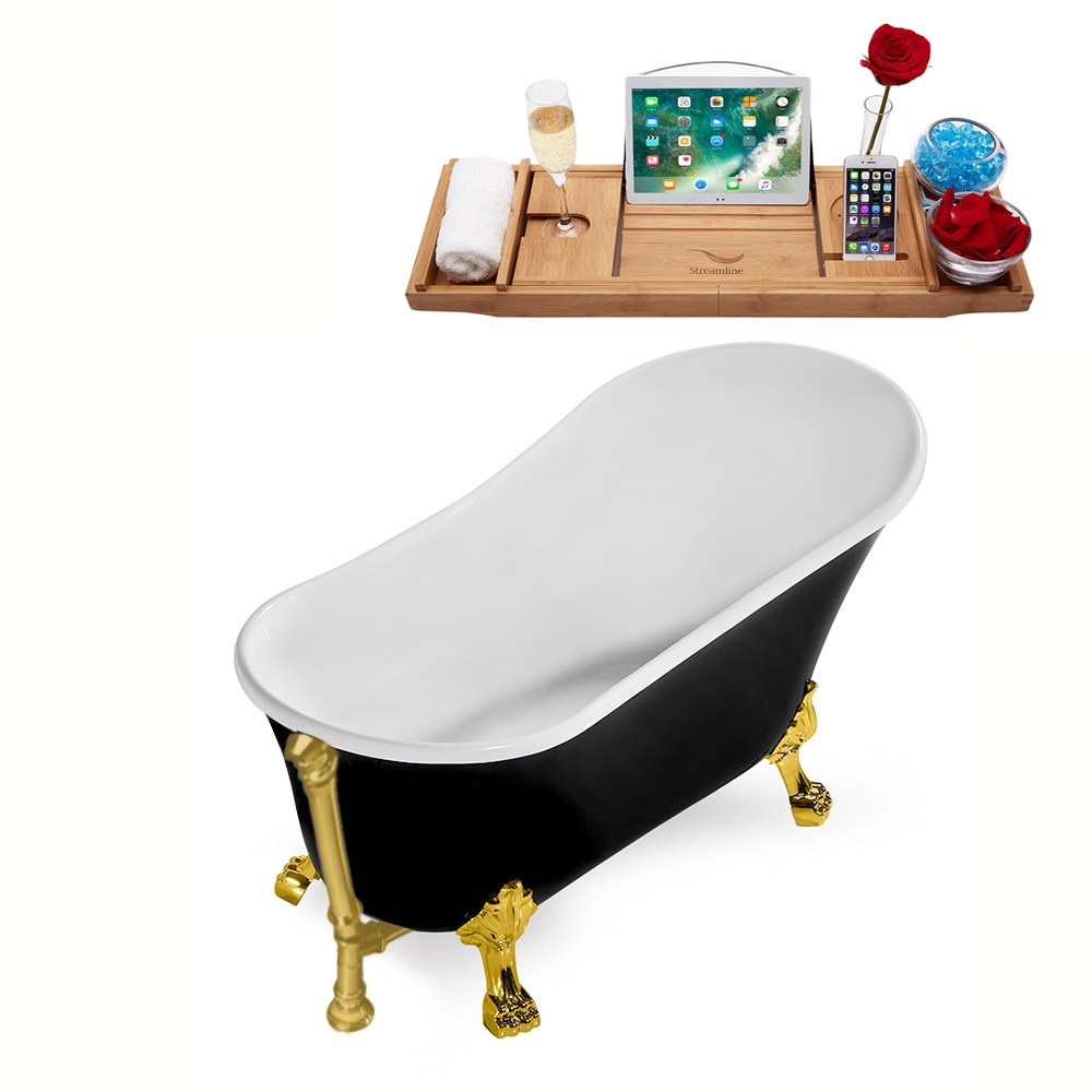 N344GLD-BGL 59 inch Clawfoot Oval Acrylic Bathtub and Tray in Glossy Black with Reversible Drain
