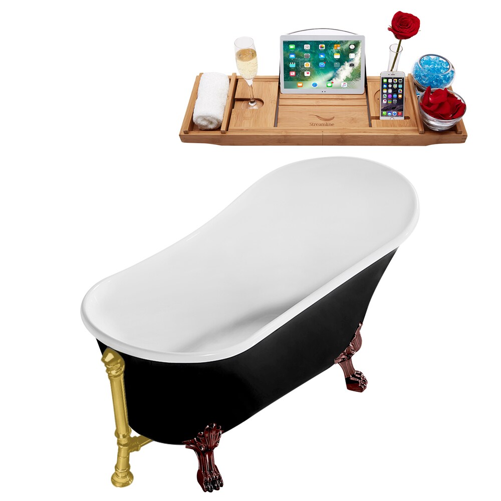 N344ORB-BGL 59 inch Clawfoot Oval Acrylic Bathtub and Tray in Glossy Black with Reversible Drain