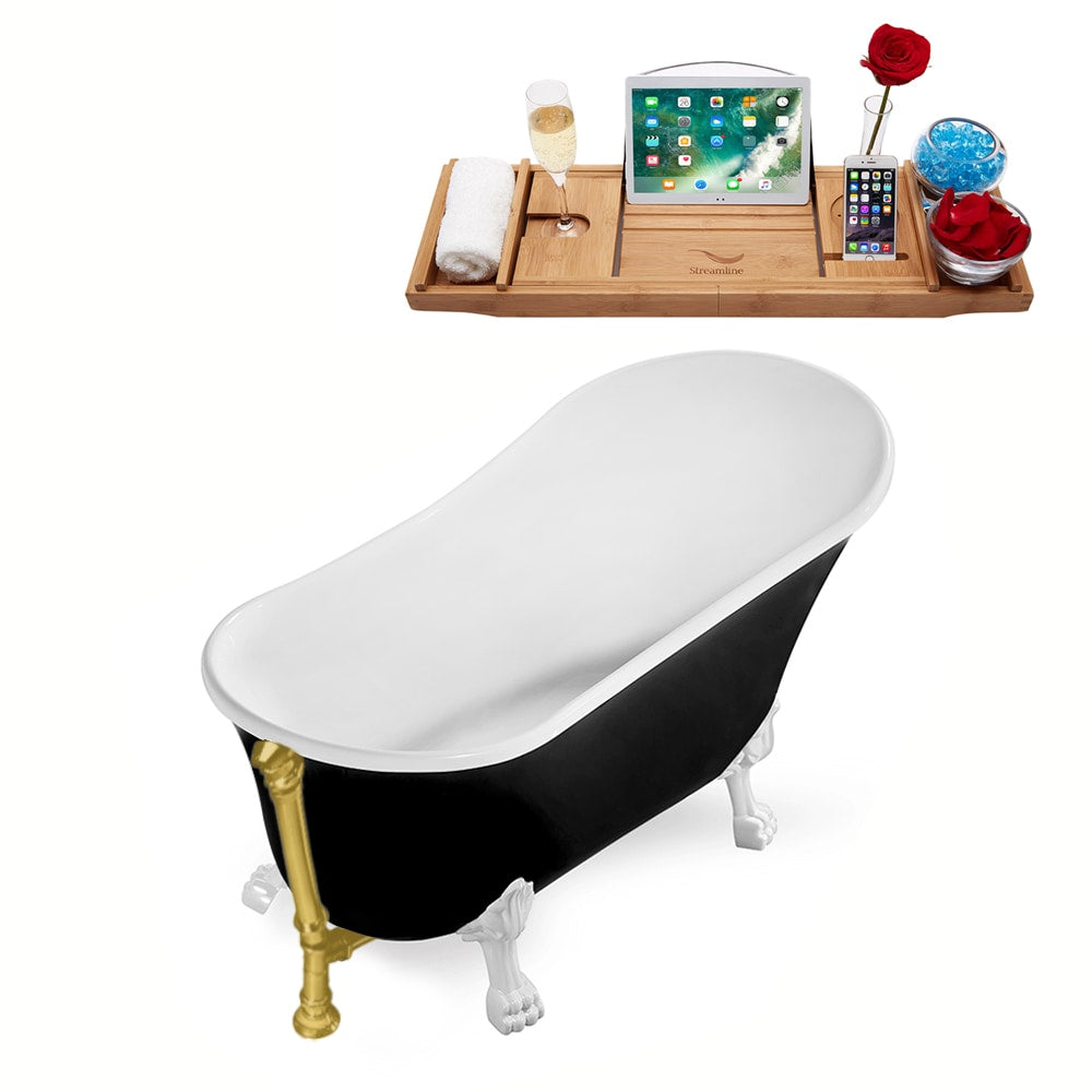 N344WH-BGL 59 inch Clawfoot Oval Acrylic Bathtub and Tray in Glossy Black with Reversible Drain