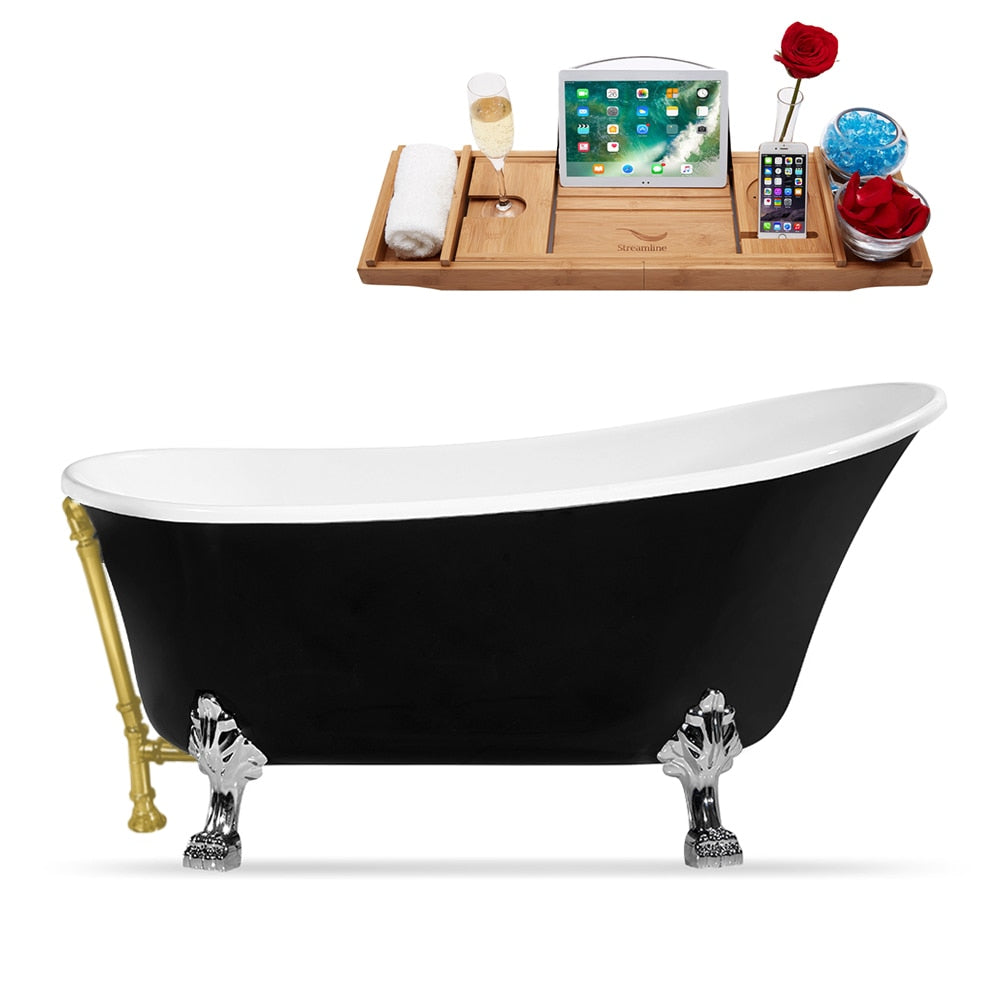 N345CH-BGL 67 inch Clawfoot Oval Acrylic Bathtub and Tray in Glossy Black with Reversible Drain