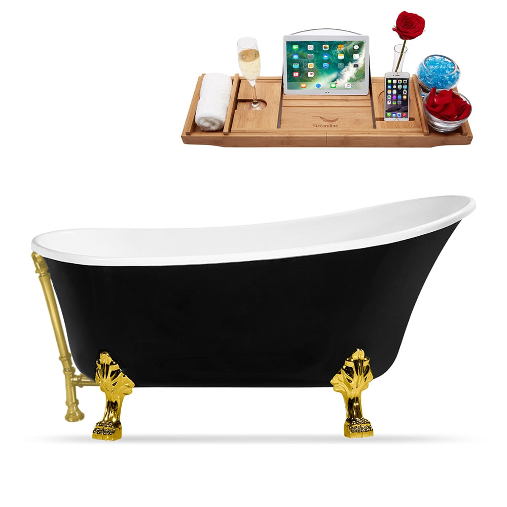 N345GLD-BGL 67 inch Clawfoot Oval Acrylic Bathtub and Tray in Glossy Black with Reversible Drain