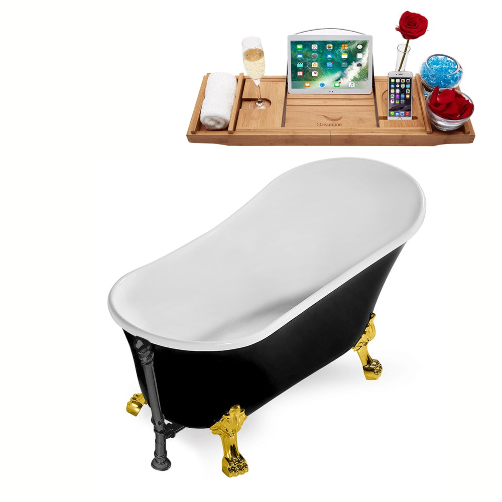 N345GLD-BGM 67 inch Clawfoot Oval Acrylic Bathtub and Tray in Glossy Black with Reversible Drain