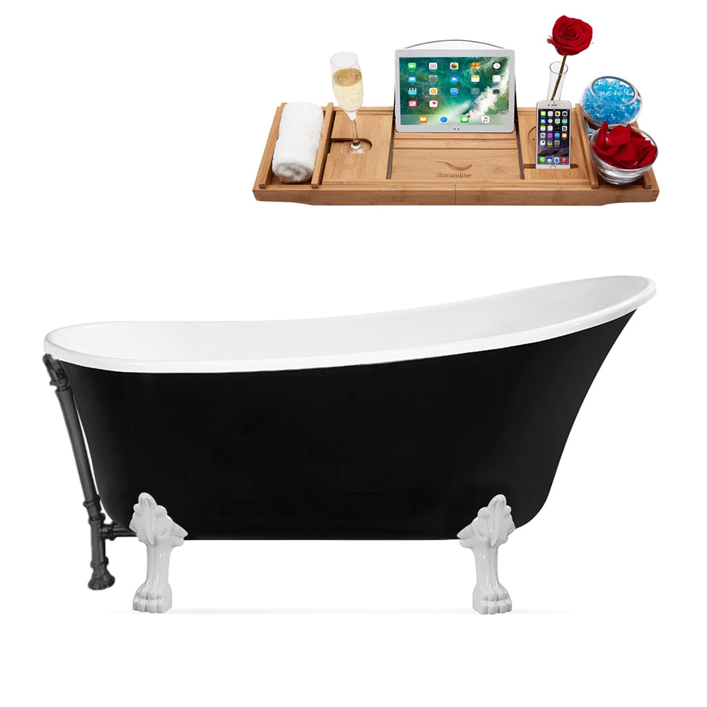 N345WH-BGM 67 inch Clawfoot Oval Acrylic Bathtub and Tray in Glossy Black with Reversible Drain