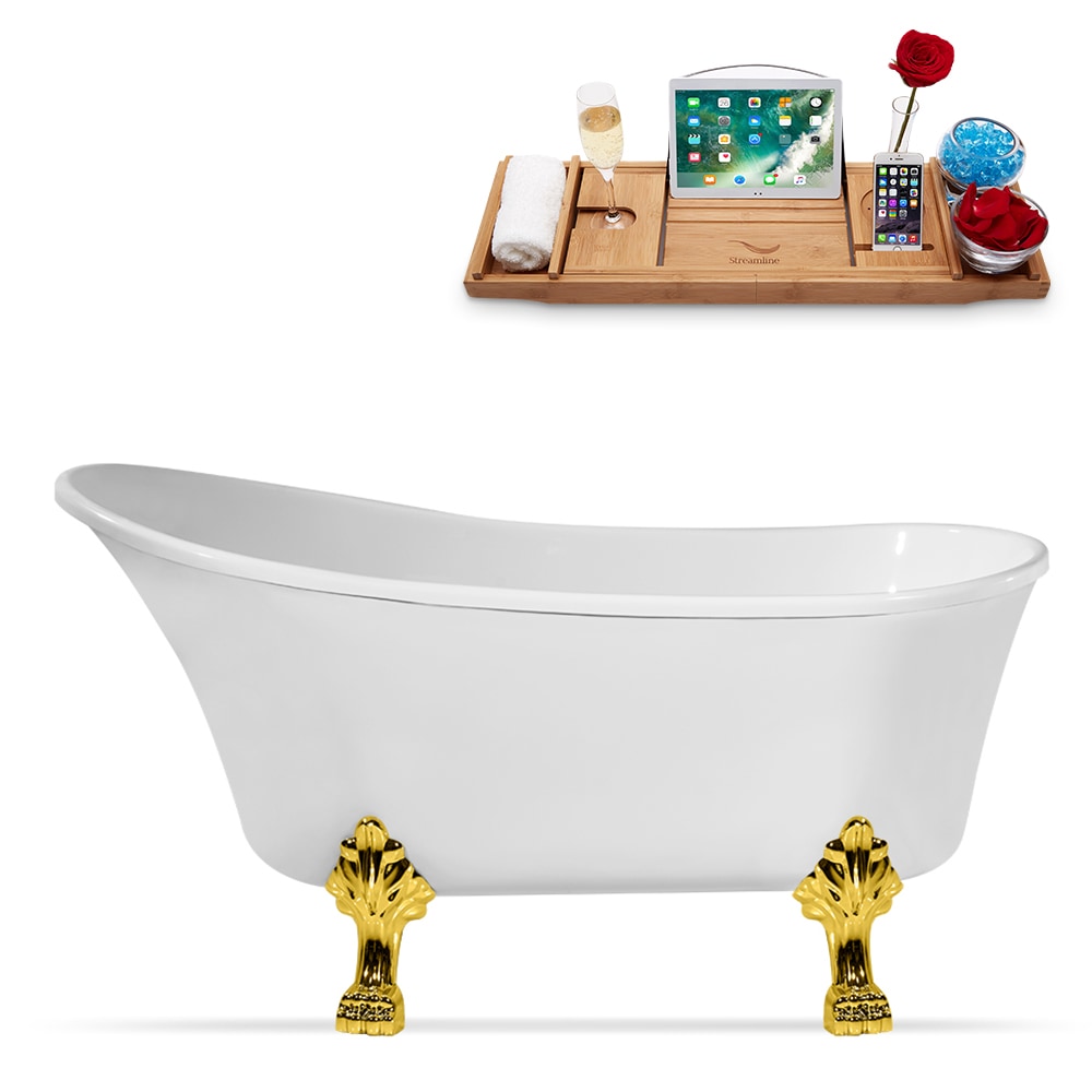 N347GLD-IN-BGM 59 in. Clawfoot Oval Acrylic Bathtub and Tray in Glossy White with Reversible Drain