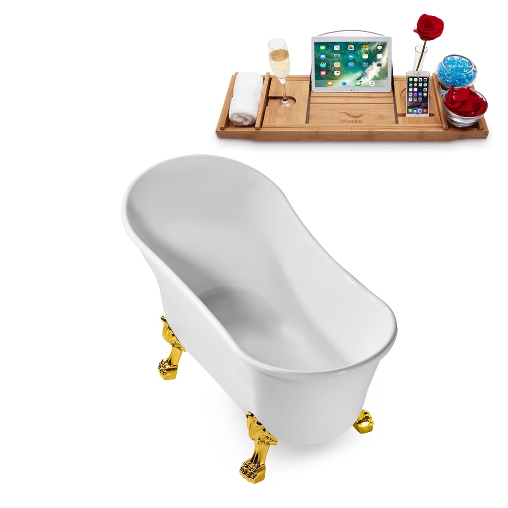 N347GLD-IN-BGM 59 in. Clawfoot Oval Acrylic Bathtub and Tray in Glossy White with Reversible Drain