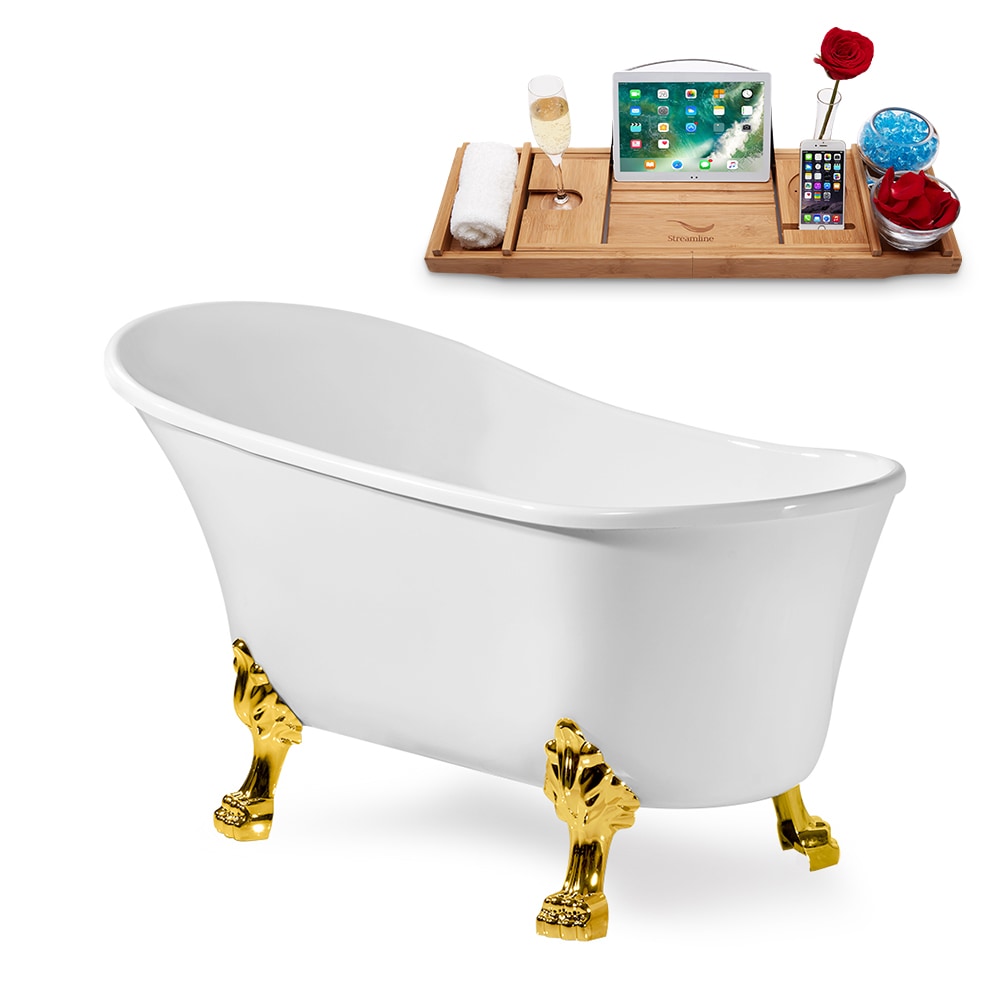 N347GLD-IN-BGM 59 in. Clawfoot Oval Acrylic Bathtub and Tray in Glossy White with Reversible Drain