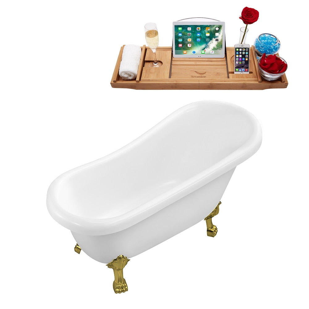 N480BGL-IN-BNK 61 in. Clawfoot Oval Acrylic Bathtub and Tray in Glossy White with Reversible Drain