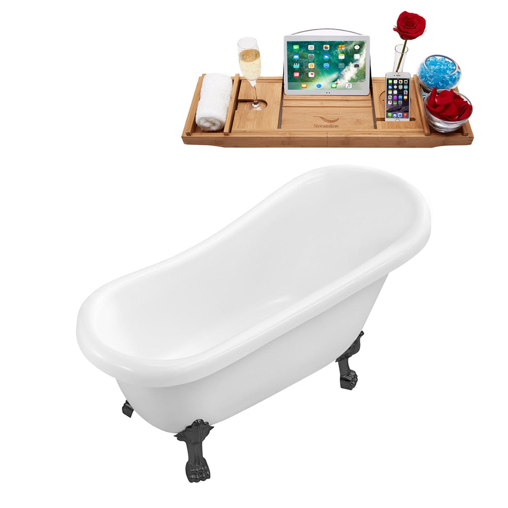 Baignoire ovale en acrylique sur pattes de 61 po N480BGM-IN-BGL et plateau en blanc brillant avec drain réversible