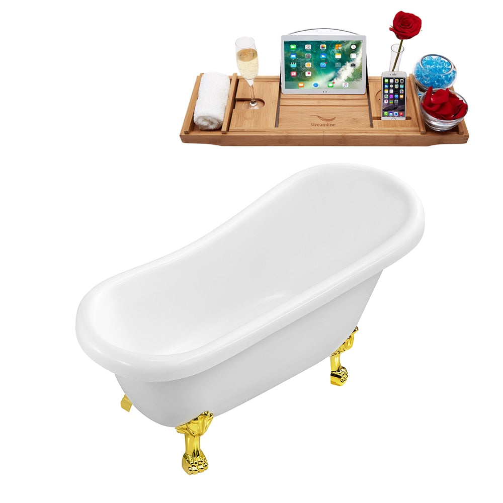 N480GLD-IN-BGL 61 in. Clawfoot Oval Acrylic Bathtub and Tray in Glossy White with Reversible Drain