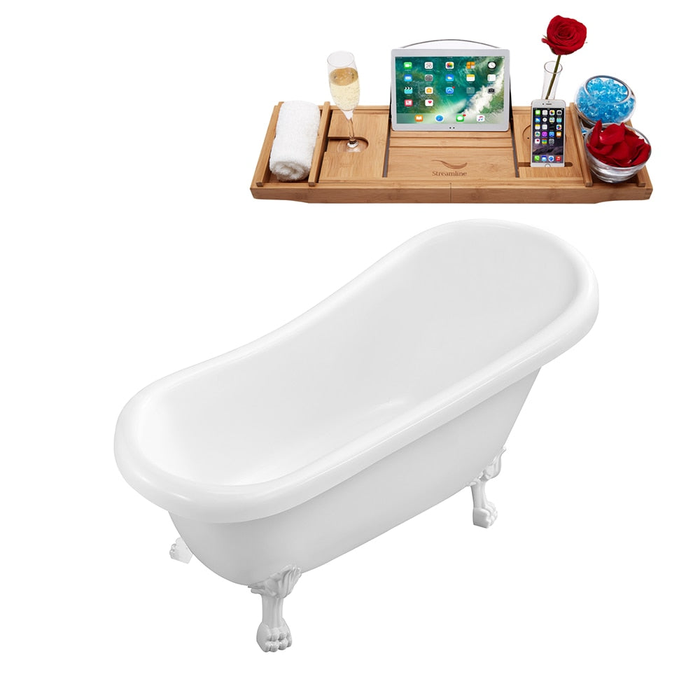 N480WH-IN-BGL 61 in. Clawfoot Oval Acrylic Bathtub and Tray in Glossy White with Reversible Drain