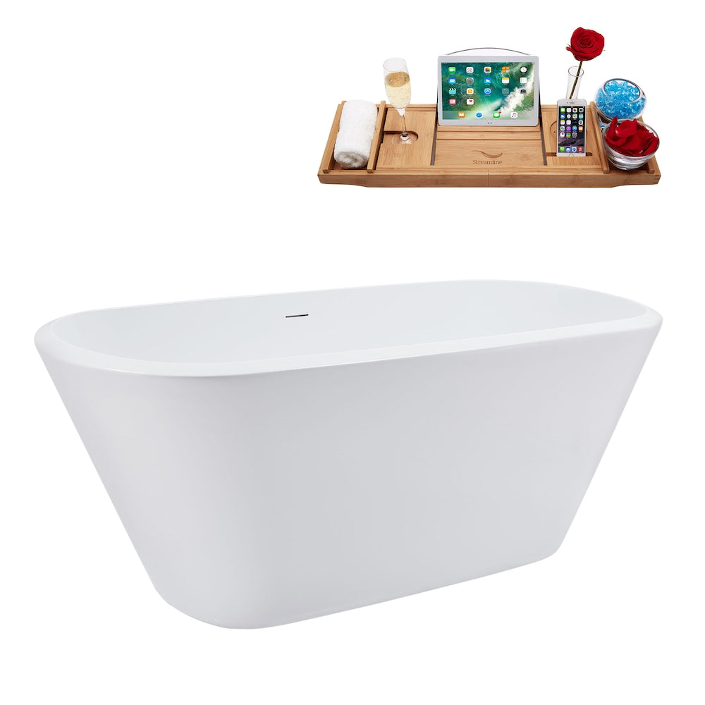 N3640BGM 59 in. Freestanding Rectangular Acrylic Bathtub and Tray in Glossy White with Center Drain