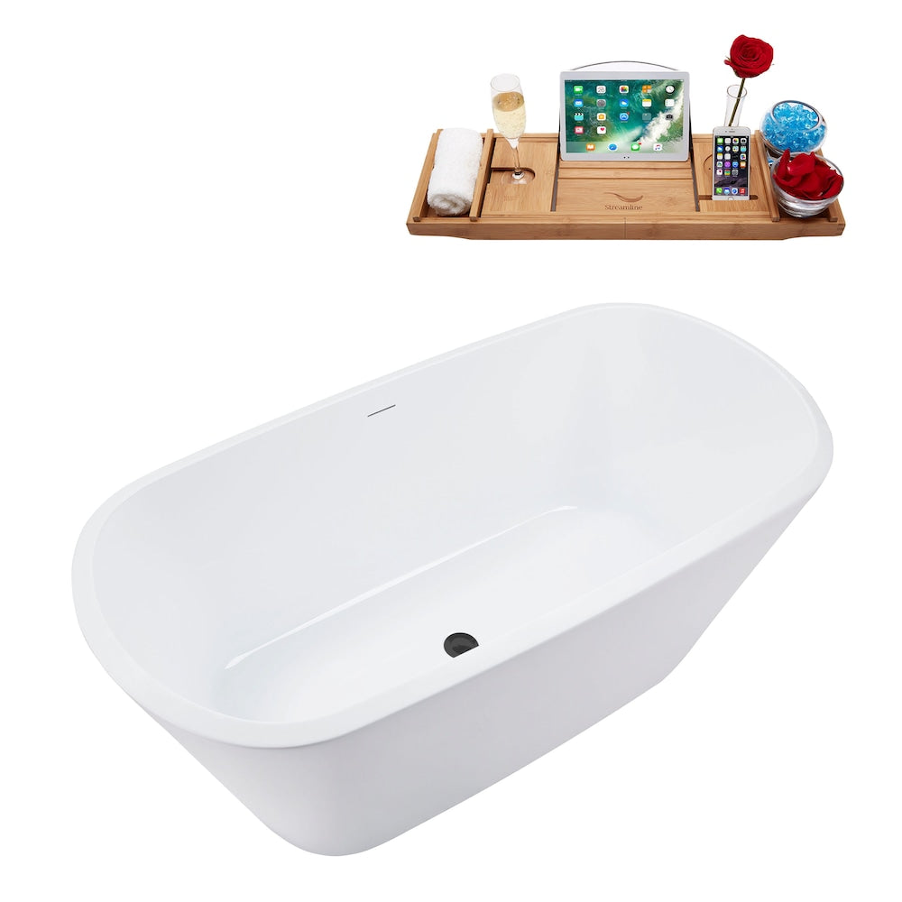 N3640BGM 59 in. Freestanding Rectangular Acrylic Bathtub and Tray in Glossy White with Center Drain