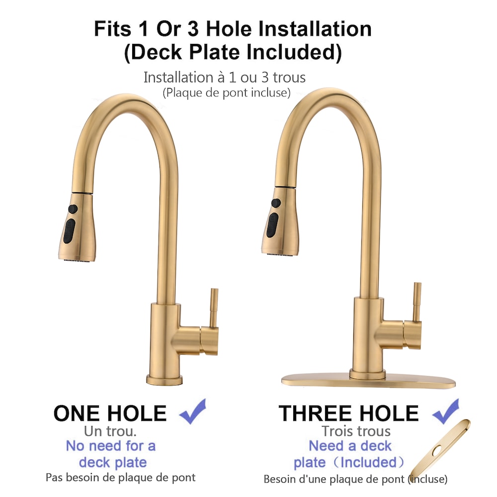 Single-Handle Stainless Steel Pull Down Sprayer Kitchen Faucet with Deck Plate in Brushed Gold