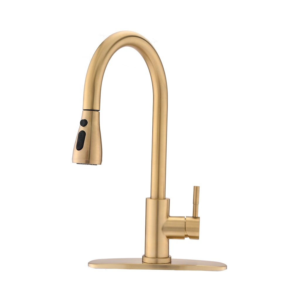 Single-Handle Stainless Steel Pull Down Sprayer Kitchen Faucet with Deck Plate in Brushed Gold