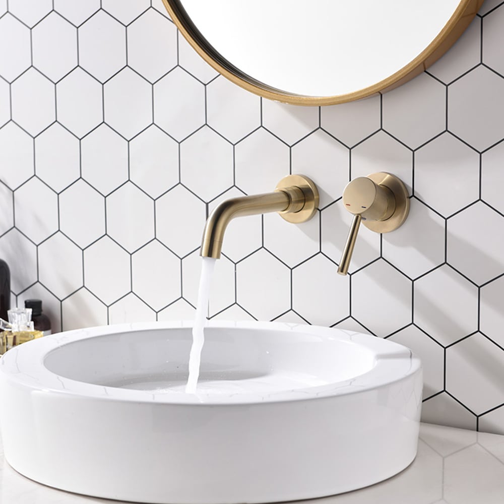 Single-Handle Wall Mount Bathroom Faucet in Brushed Gold