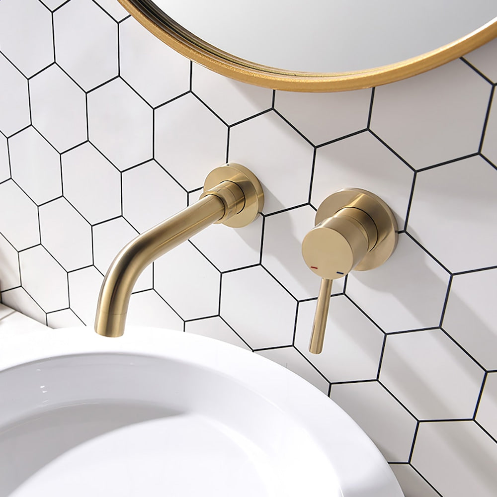 Single-Handle Wall Mount Bathroom Faucet in Brushed Gold