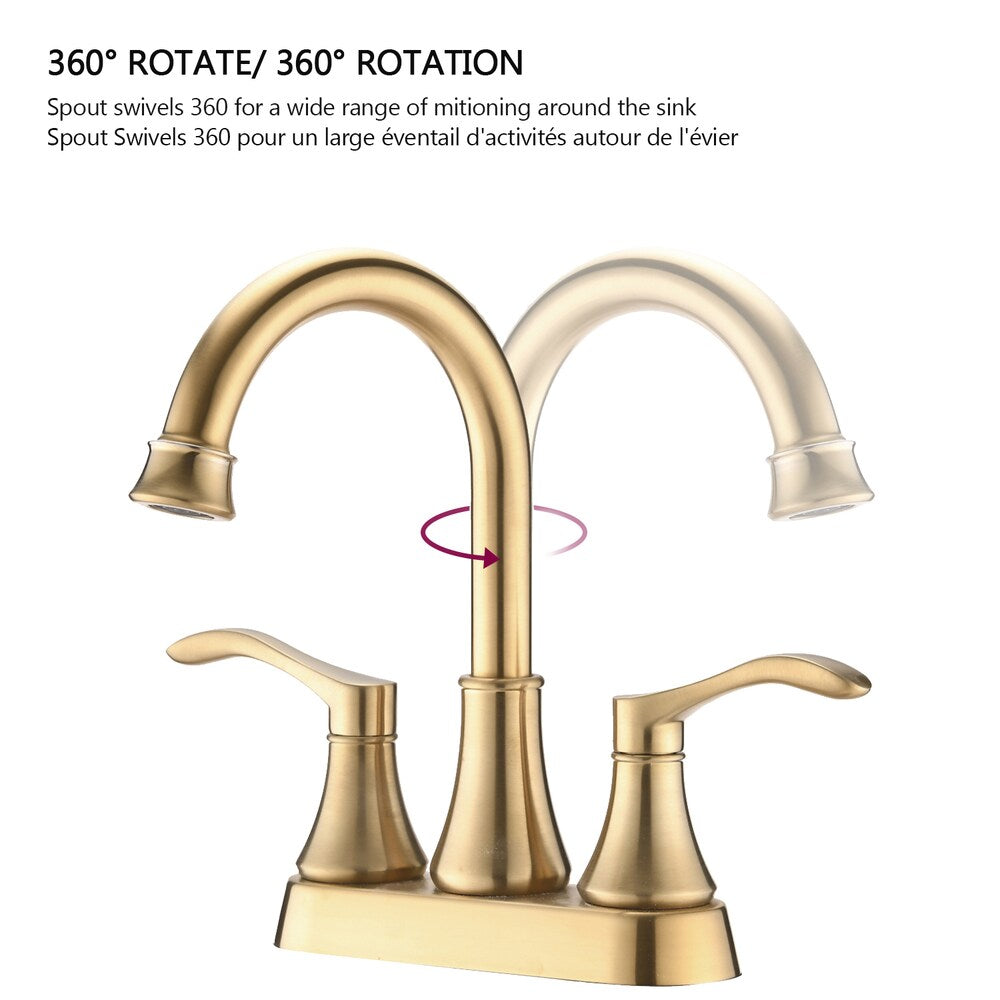 4 in. Centerset 2-Handle Swivel Spout Bathroom Faucet with Pop Up Drain in Brushed Gold